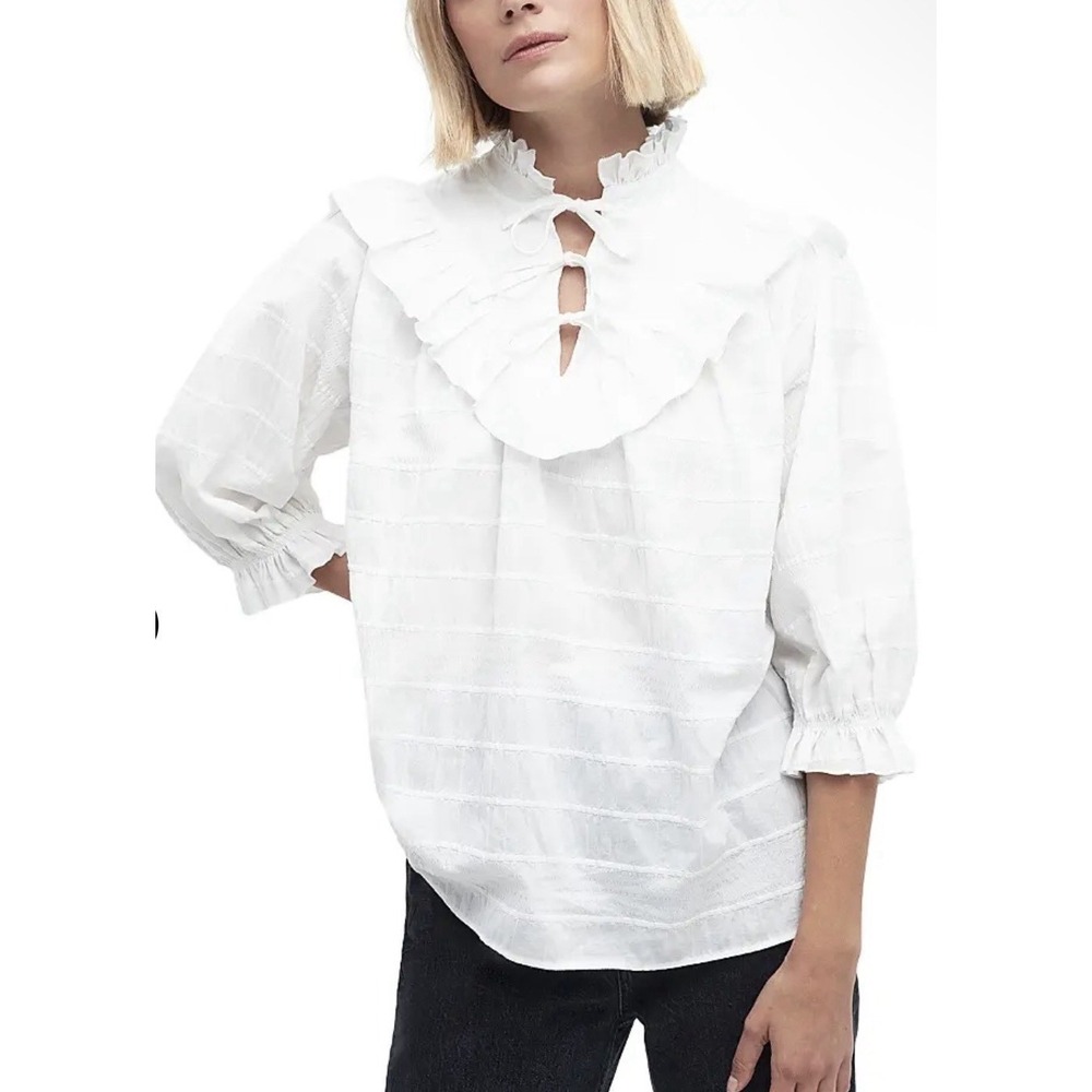 NWT Barbour Kelburn US 10 White Cotton 3/4 Puff Sleeve Blouse Textured Bow Top